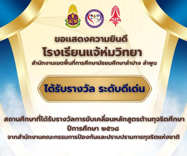 โรงเรียนแจ้ห่มวิทยาได้รับรางวัลการขับเคลื่อนหลักสูตรต้านทุจริตศึกษา ปีการศึกษา ๒๕๖๘ ระดับดีเด่น และ ได้รับรางวัลจากการประกวด “แนวปฏิบัติที่เป็นเลิศ (Best Practice)” ด้านการพัฒนาคุณภาพการศึกษา ตามโครงการน้อมนำพระบรมราโชบายด้านการศึกษาในหลวงรัชกาลที่ ๑๐ และพระบรมวงศานุวงศ์ สู่การบูรณาการเพื่อการจัดการเรียนรู้ในสถานศึกษา ประจำปี ๒๕๖๘