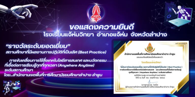 “รางวัลระดับยอดเยี่ยม” สถานศึกษาที่มีผลงานการปฏิบัติที่เป็นเลิศ (Best Practice) การขับเคลื่อนการใช้สื่อเทคโนโลยีสารสนเทศ และนวัตกรรมที่เอื้อต่อการเรียนรู้ทุกที่ทุกเวลา (Anywhere Anytime) ระดับสถานศึกษา